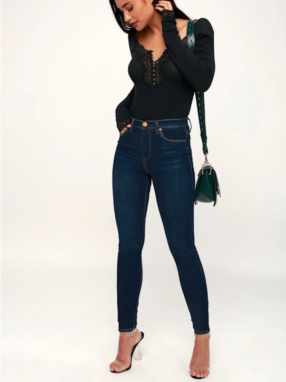 Free People To the West Black Lace Button Henley Ribbed Stretch Long Sleeve Top